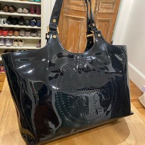 Tory Burch Navy Bombe Patent Leather Tote Bag